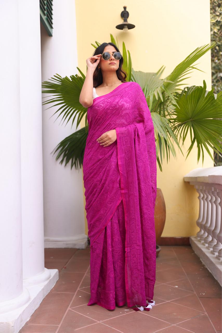 Magenta Chikankari Mulmul Cotton Saree