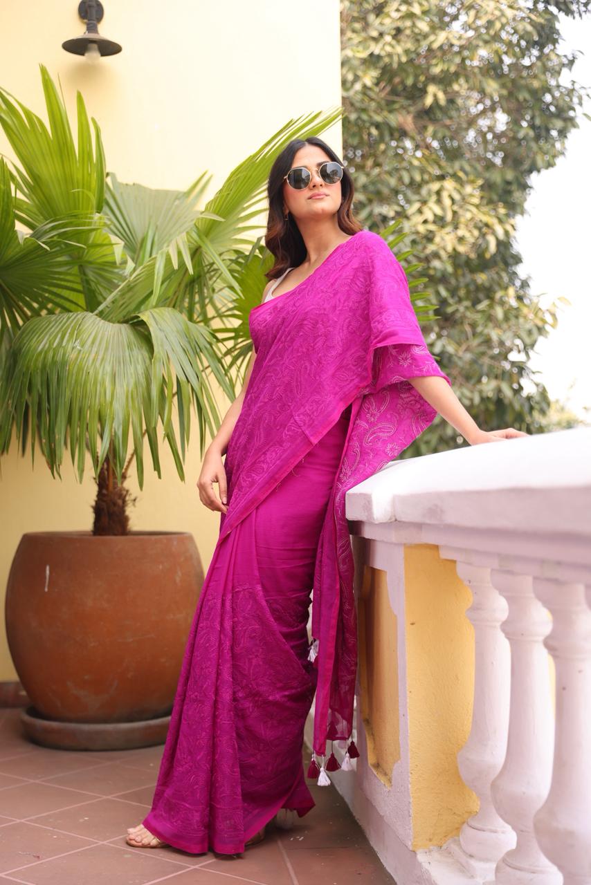 Magenta Chikankari Mulmul Cotton Saree