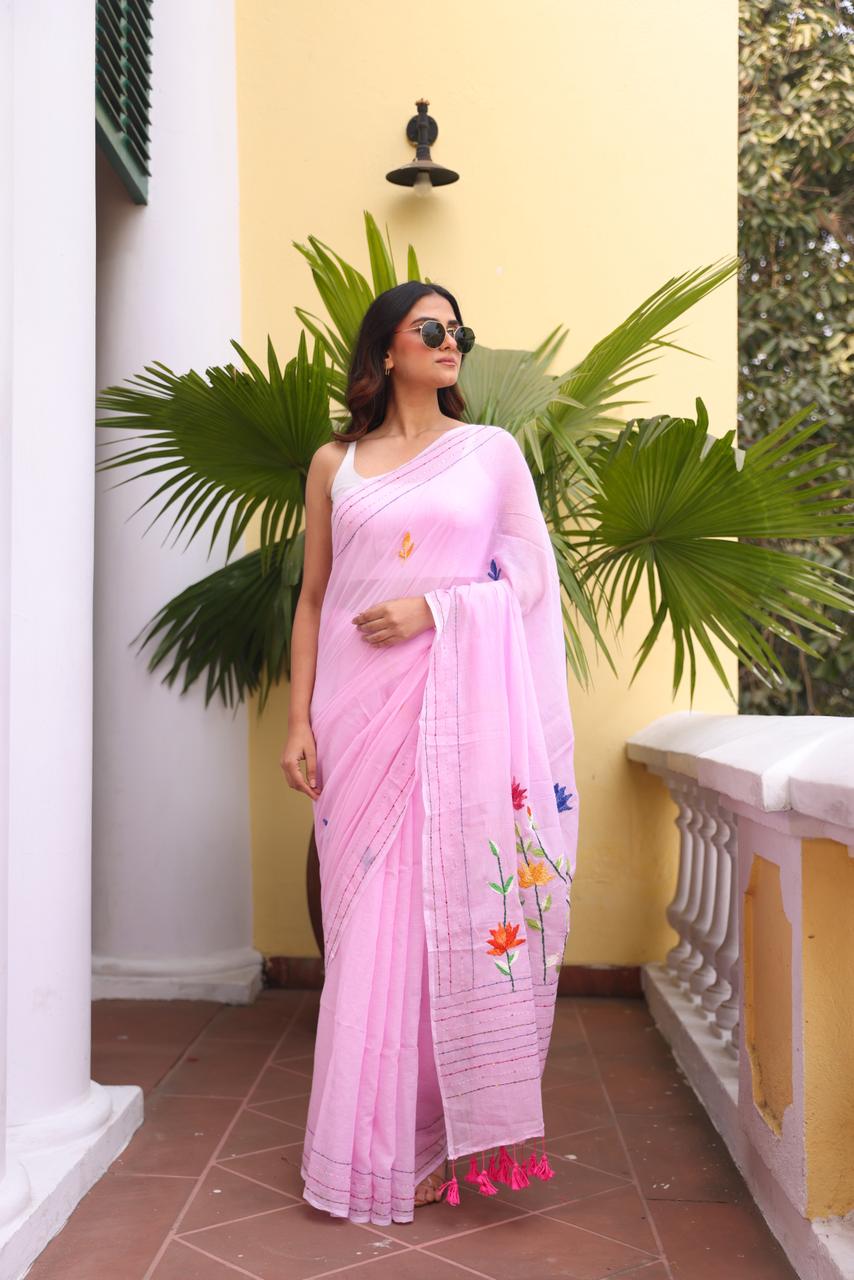 Baby Pink Embroidered Mulmul Cotton Saree