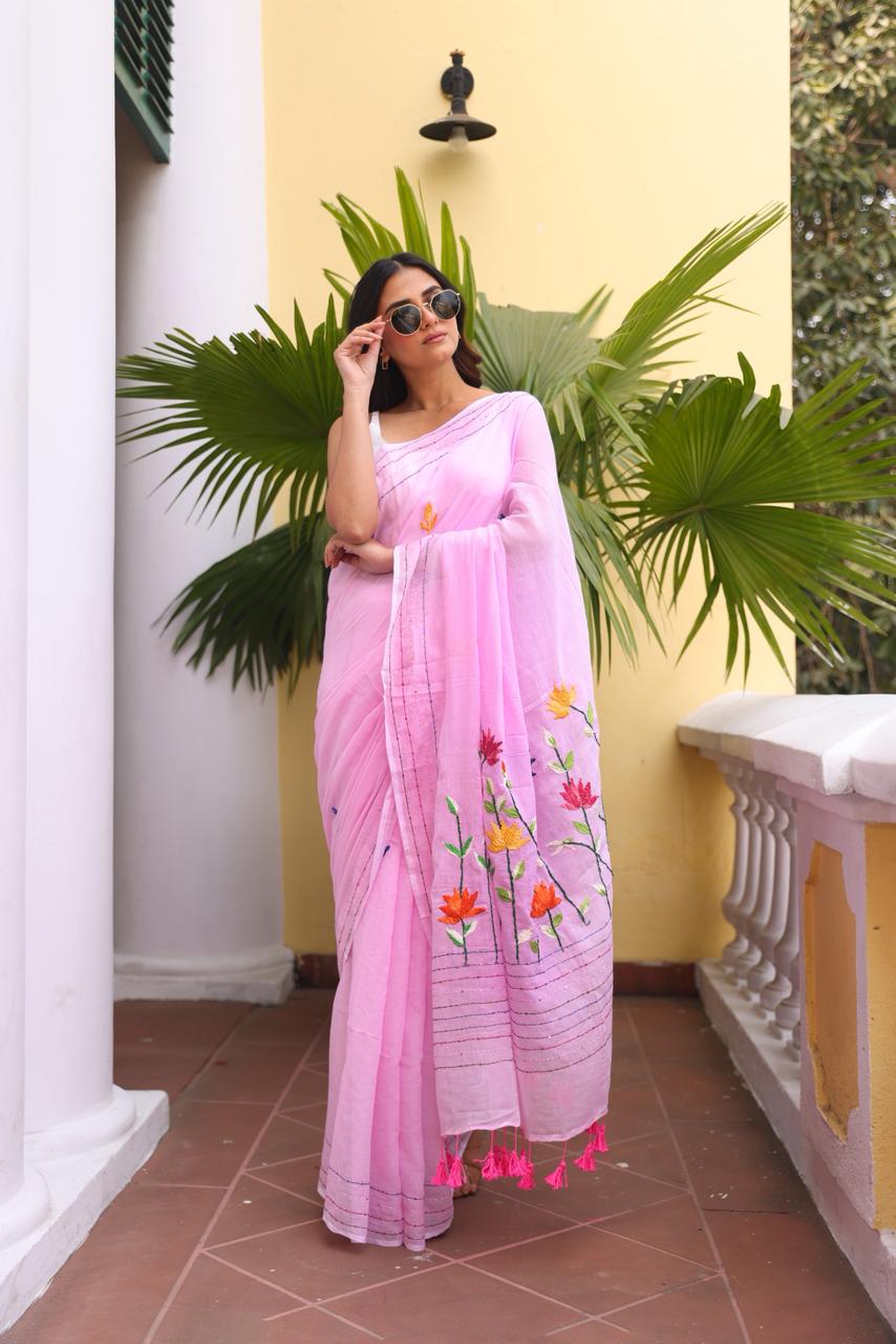 Baby Pink Embroidered Mulmul Cotton Saree