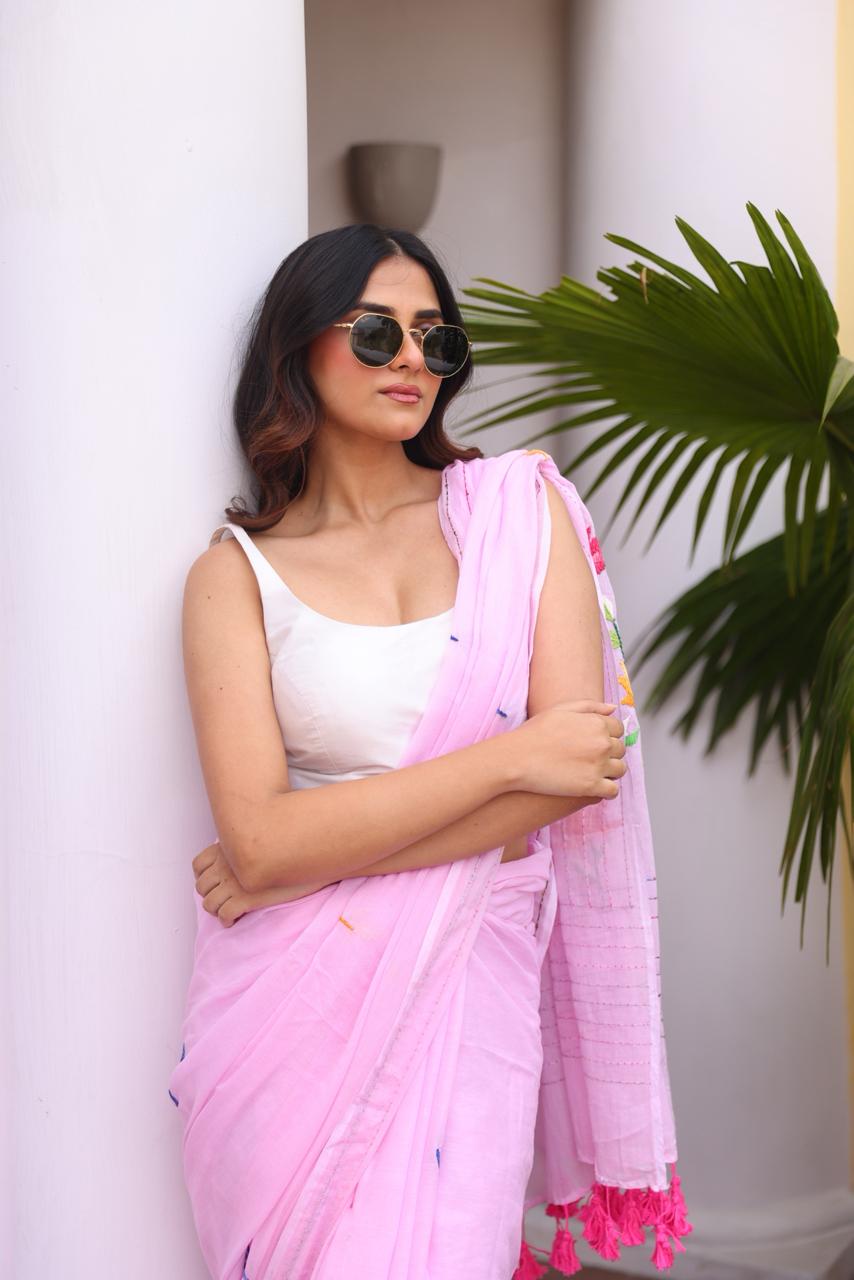 Baby Pink Embroidered Mulmul Cotton Saree