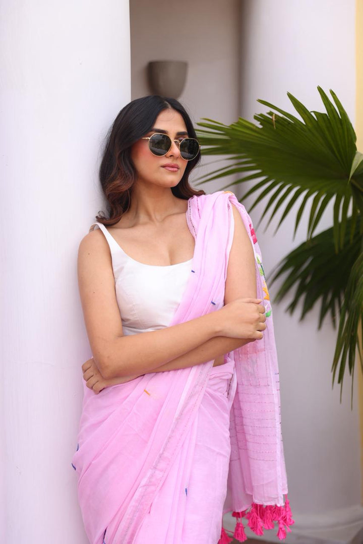 Baby Pink Embroidered Mulmul Cotton Saree