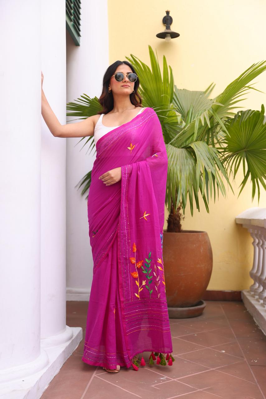 Magenta Embroidered Mulmul Cotton Saree