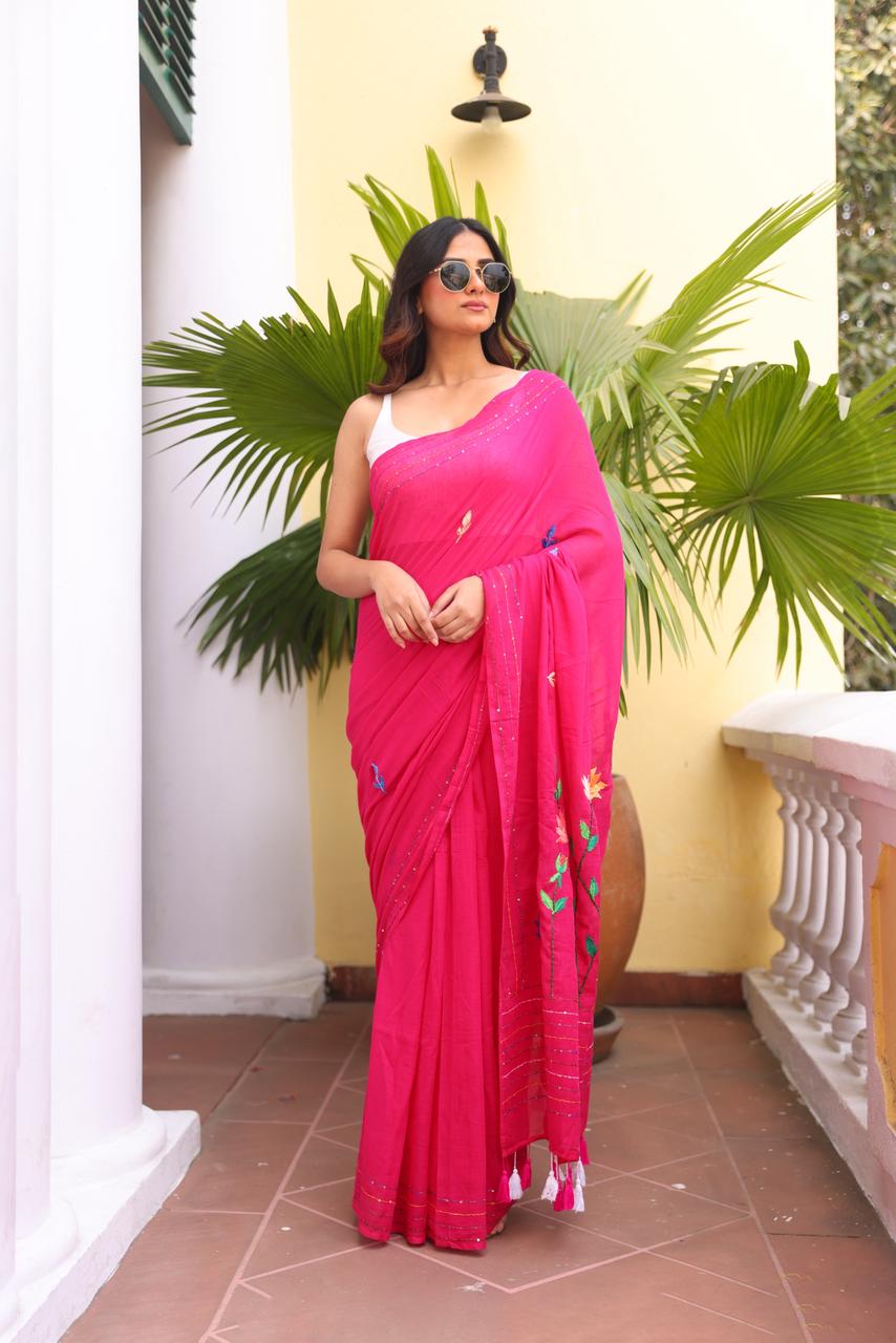 Pink Embroidered Mulmul Cotton Saree