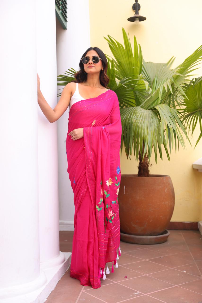 Pink Embroidered Mulmul Cotton Saree