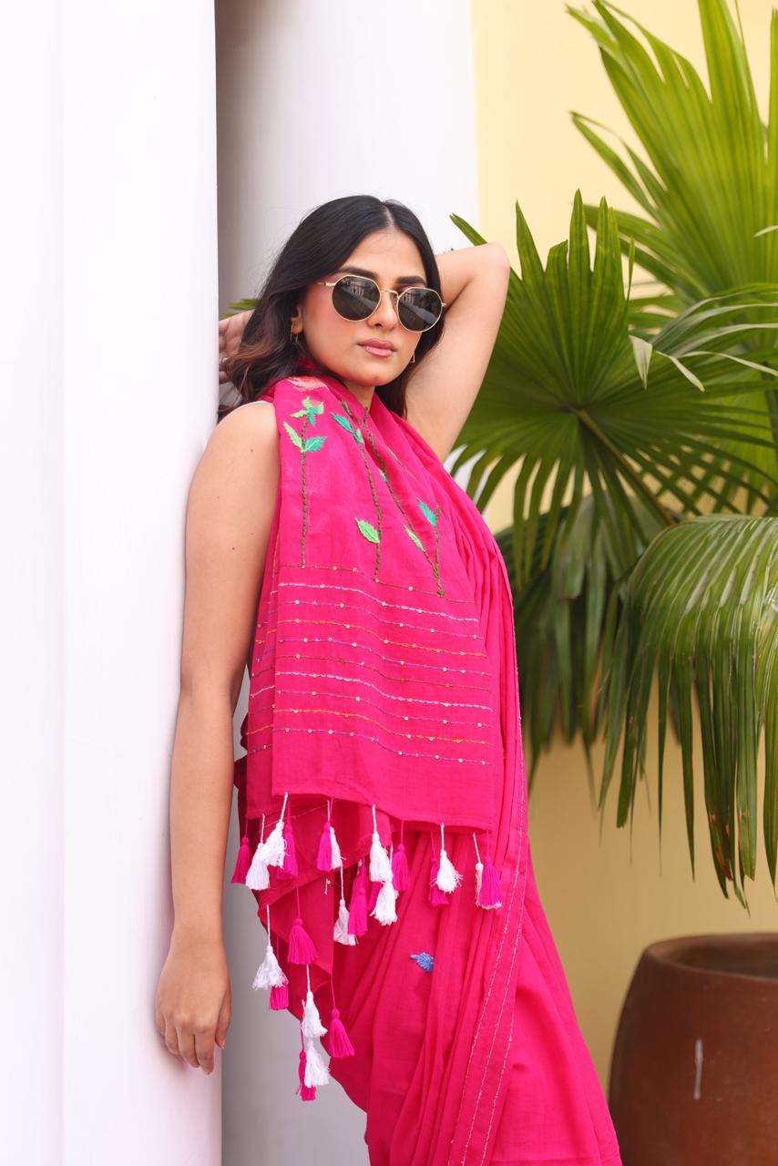 Pink Embroidered Mulmul Cotton Saree