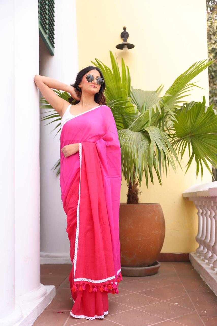 Pink Tie Dye Mulmul Cotton Saree