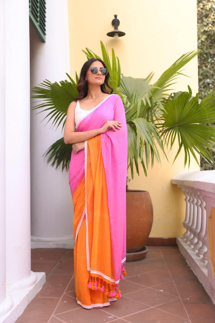Pink Orange Tie Dye Mulmul Cotton Saree