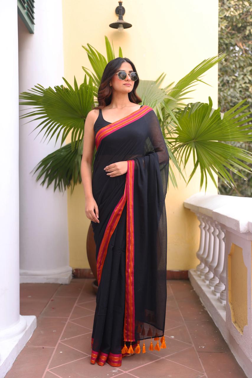 Deep Black Mulmul Cotton Saree