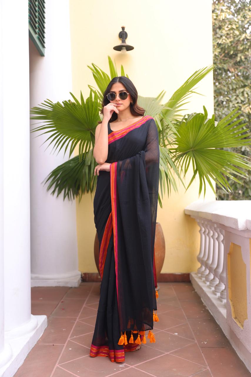 Deep Black Mulmul Cotton Saree