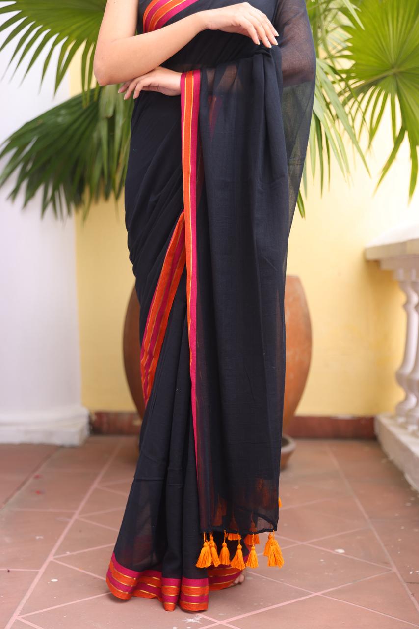 Deep Black Mulmul Cotton Saree