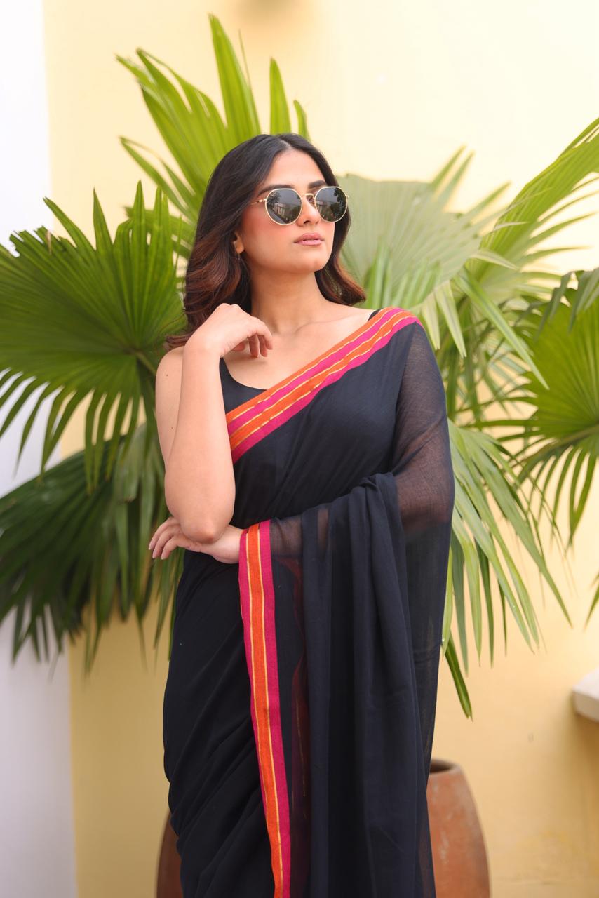 Deep Black Mulmul Cotton Saree