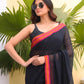 Deep Black Mulmul Cotton Saree