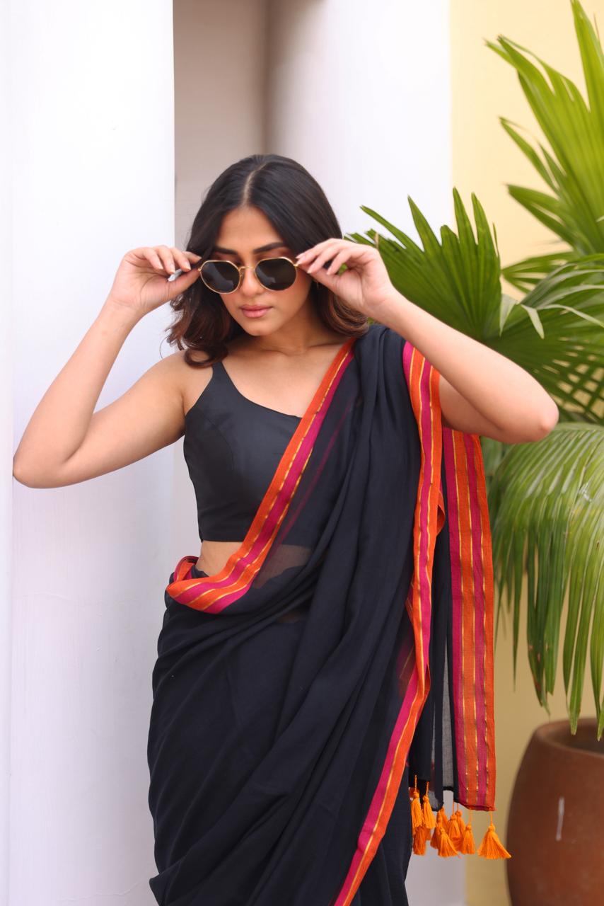 Deep Black Mulmul Cotton Saree