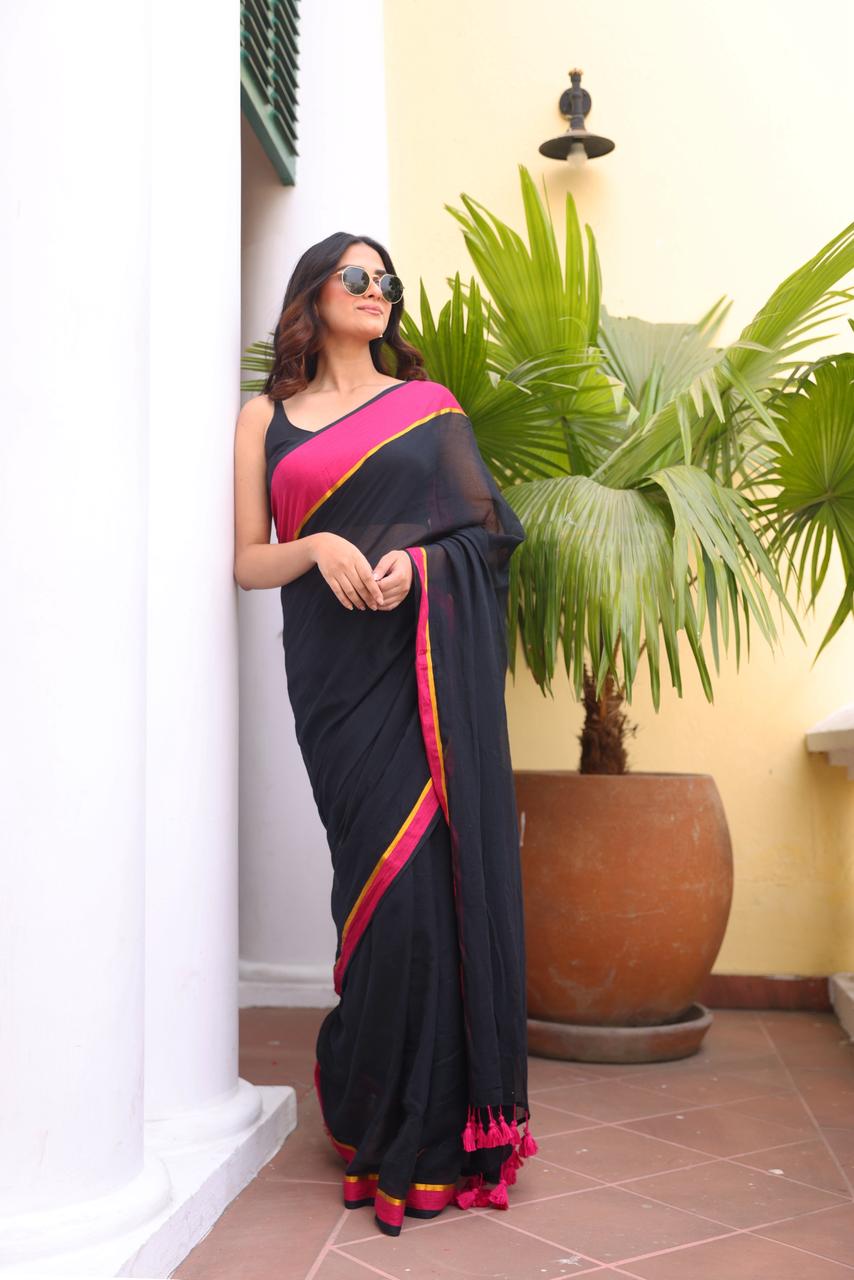 Classic Black Mulmul Cotton Saree