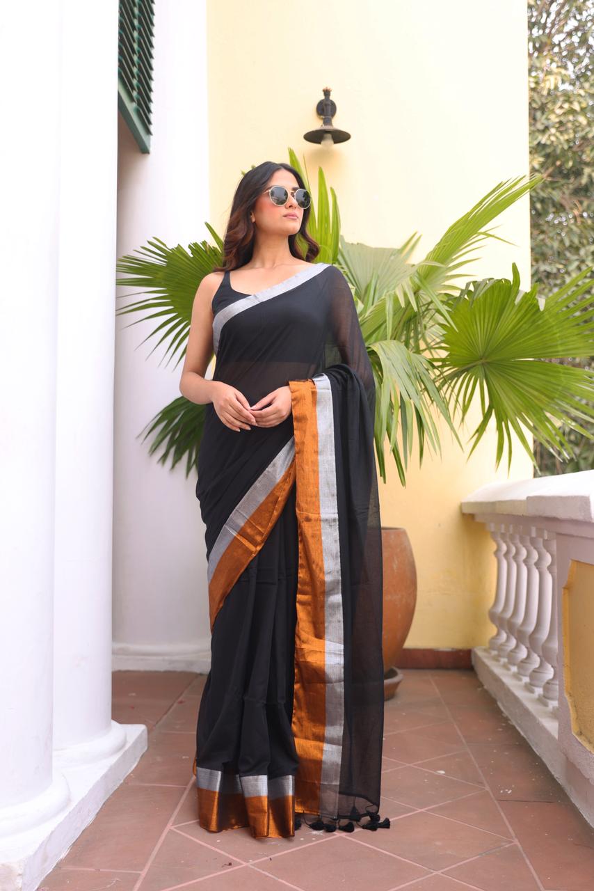 Classic Black Zari Mulmul Cotton Saree