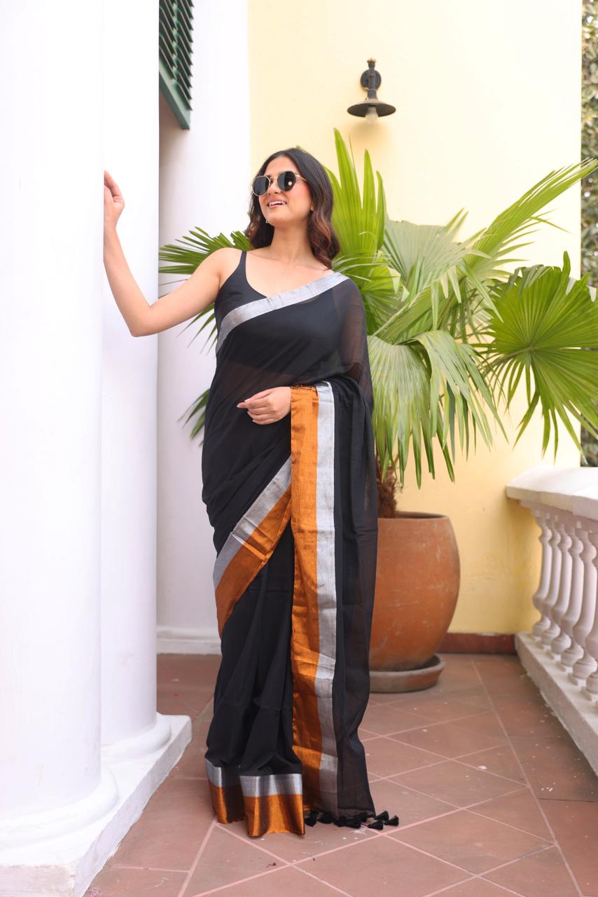 Classic Black Zari Mulmul Cotton Saree