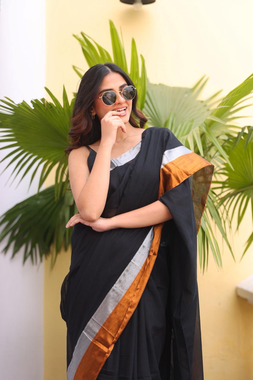Classic Black Zari Mulmul Cotton Saree