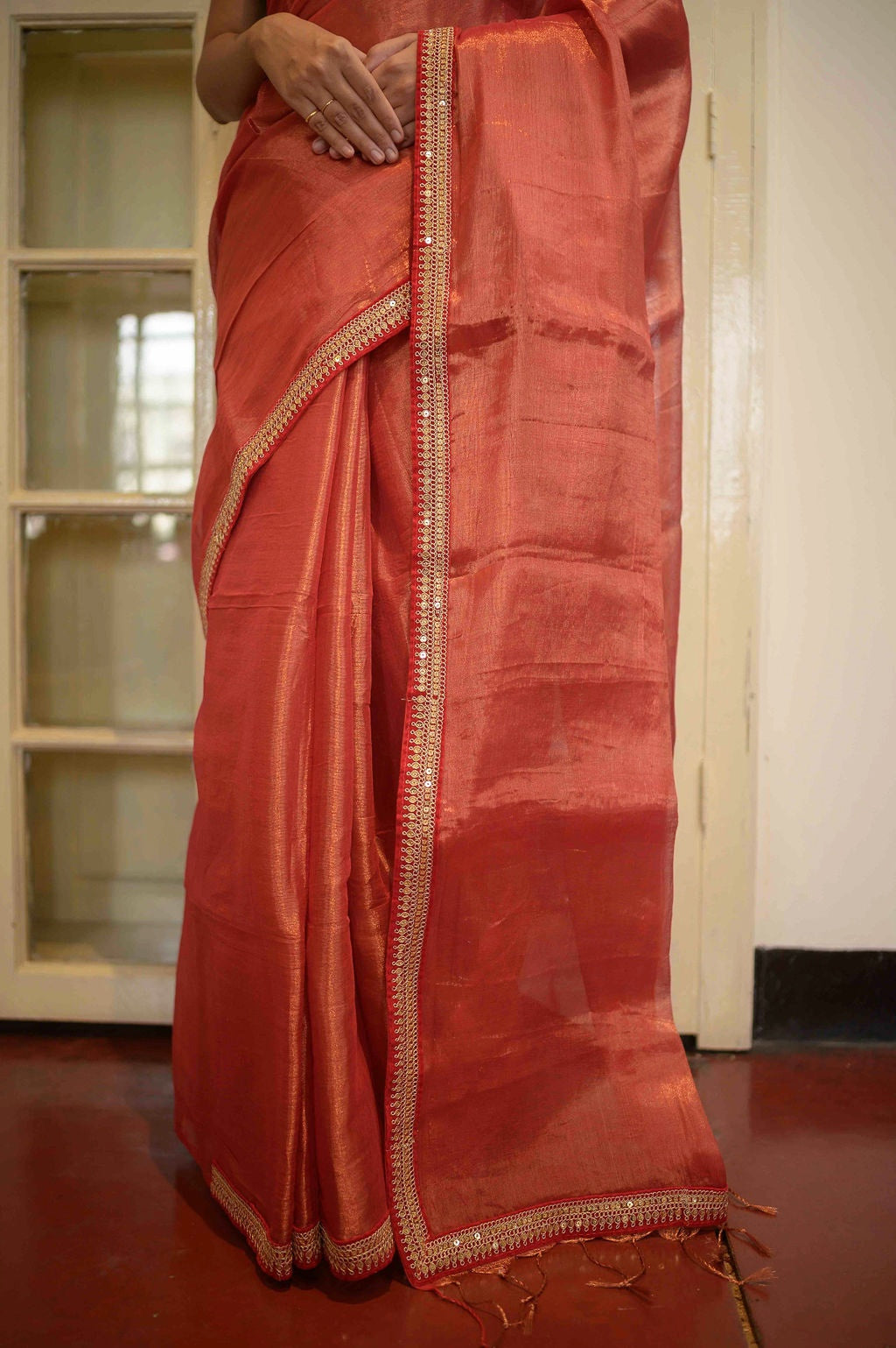 Red Zari Tissue Saree