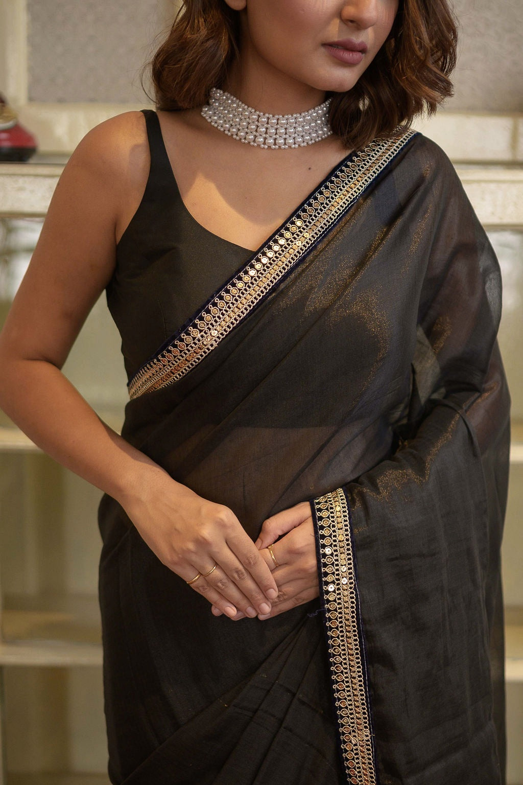 Black Zari Tissue Saree