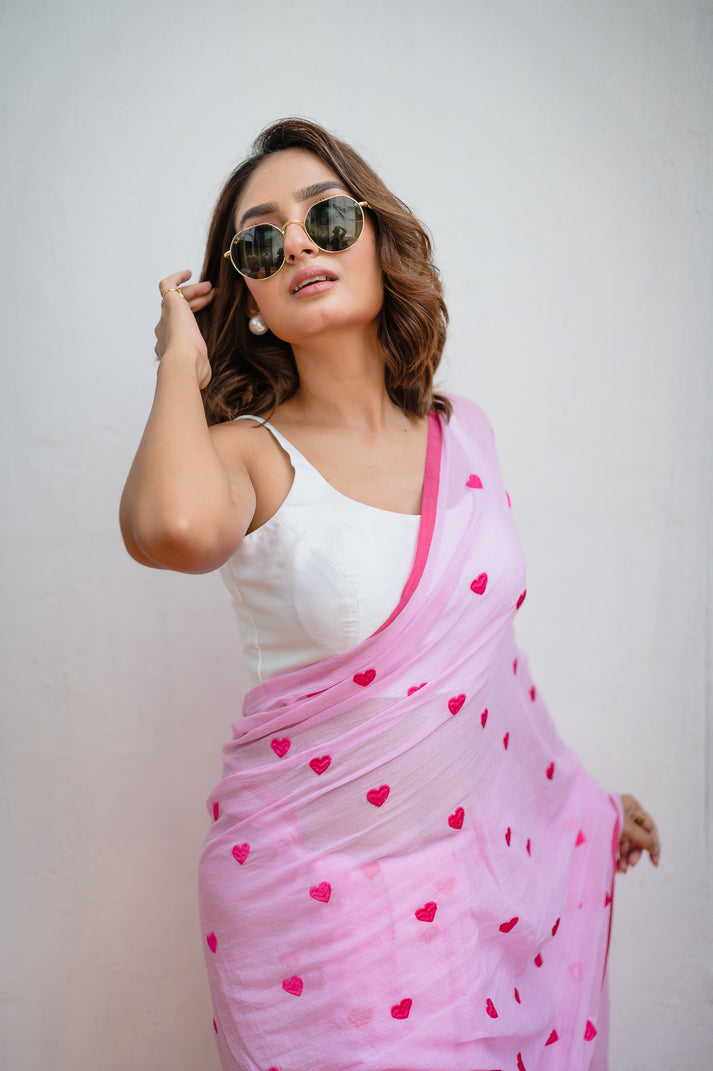 Pink Mul Cotton Bindi Saree main image 1