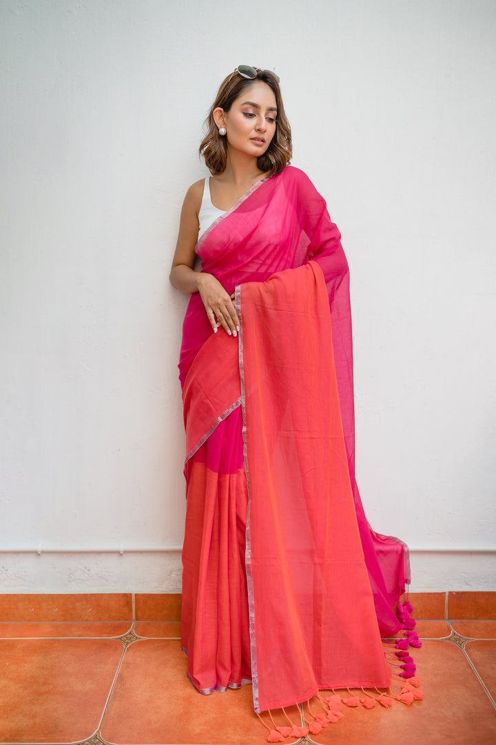 Pink And Orange Mulmul Cotton Saree