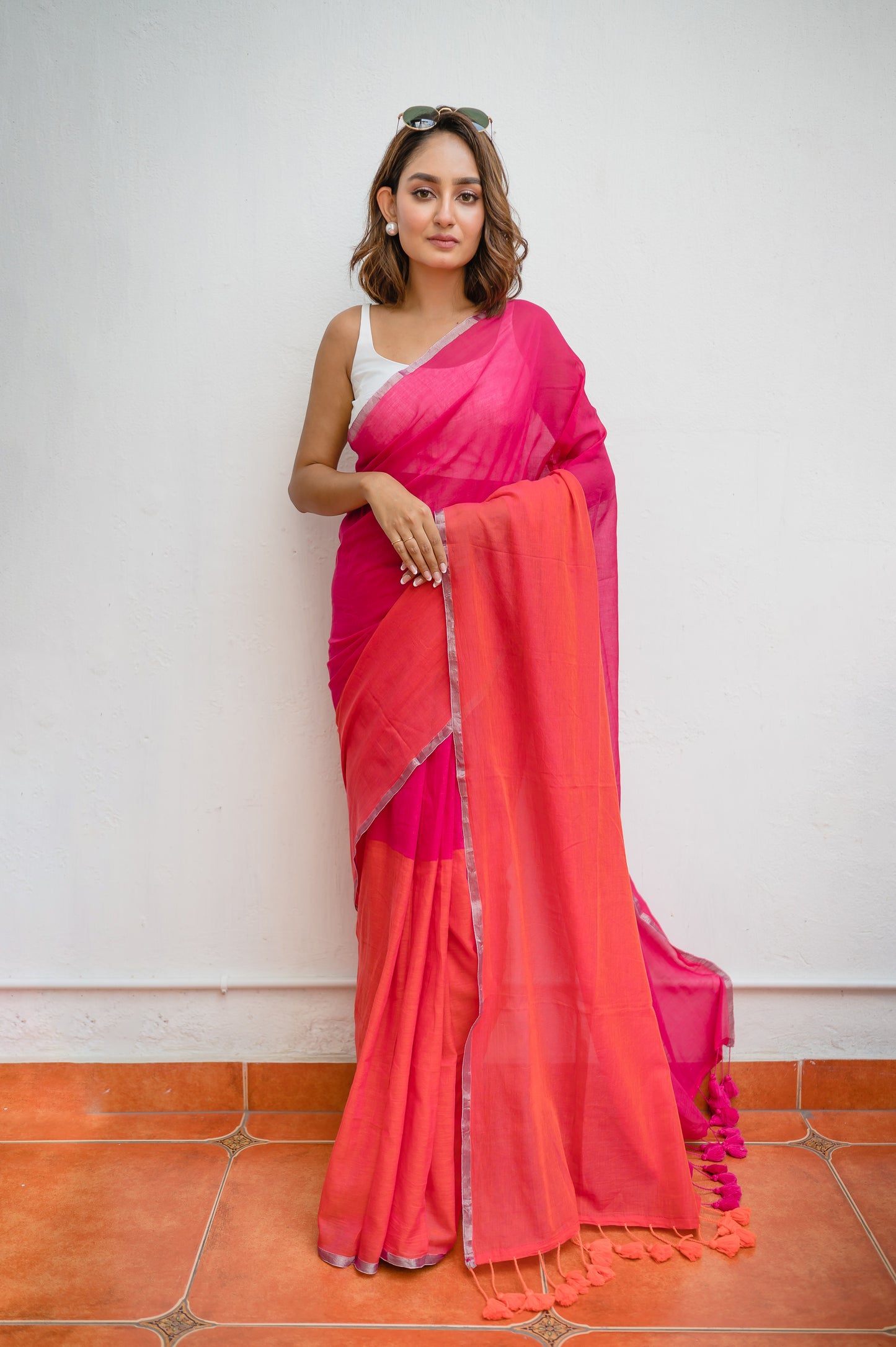 Pink And Orange Mulmul Cotton Saree