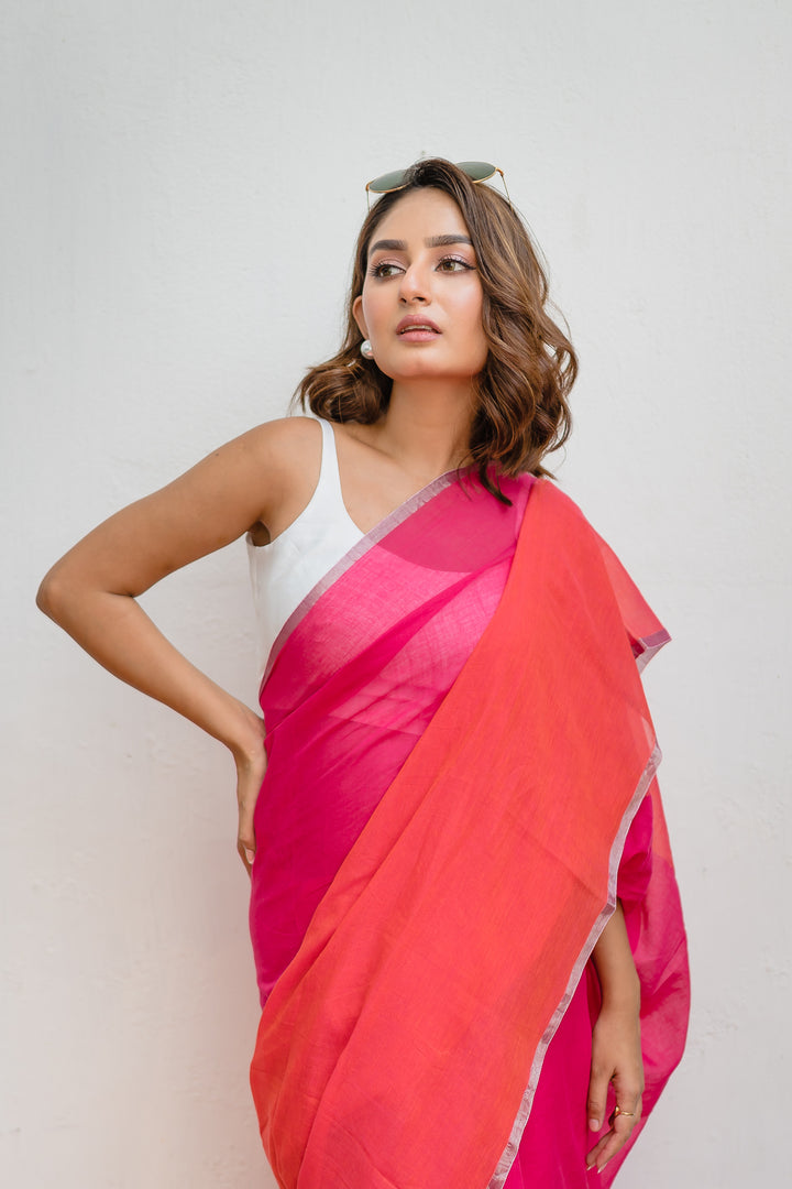 Pink And Orange Mulmul Cotton Saree