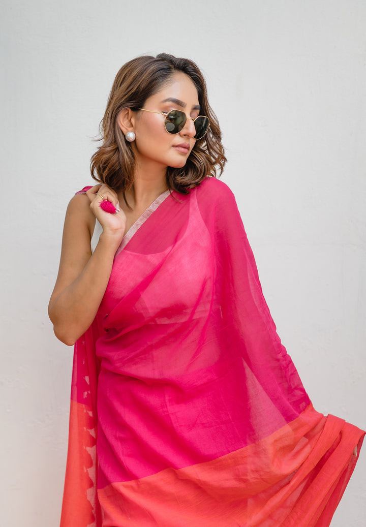Pink And Orange Mulmul Cotton Saree