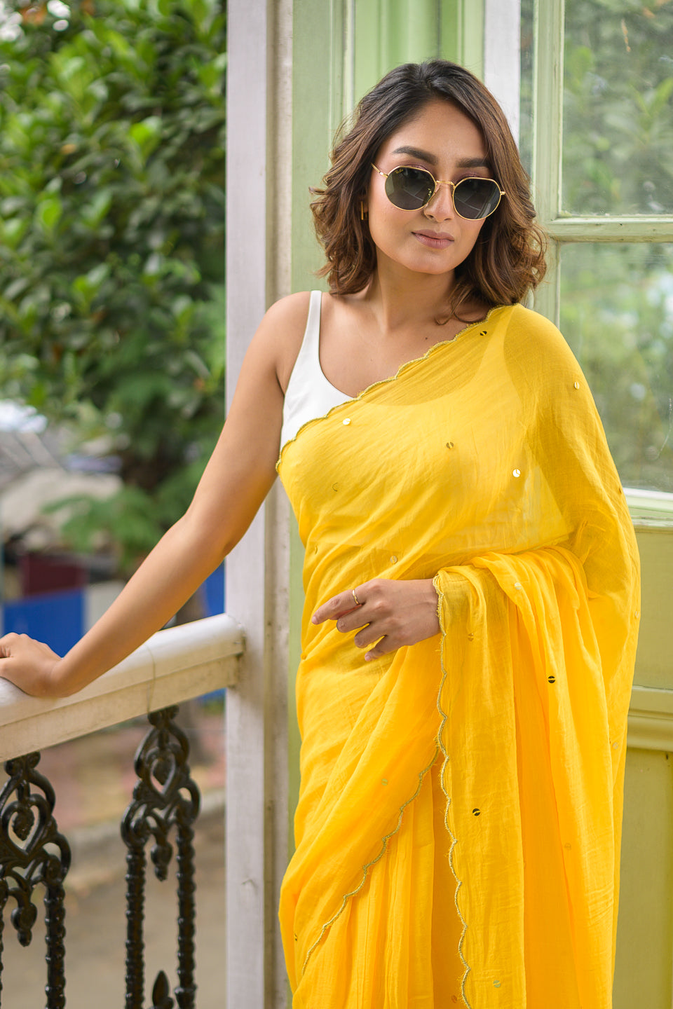 Yellow Sequined Mulmul Cotton Saree