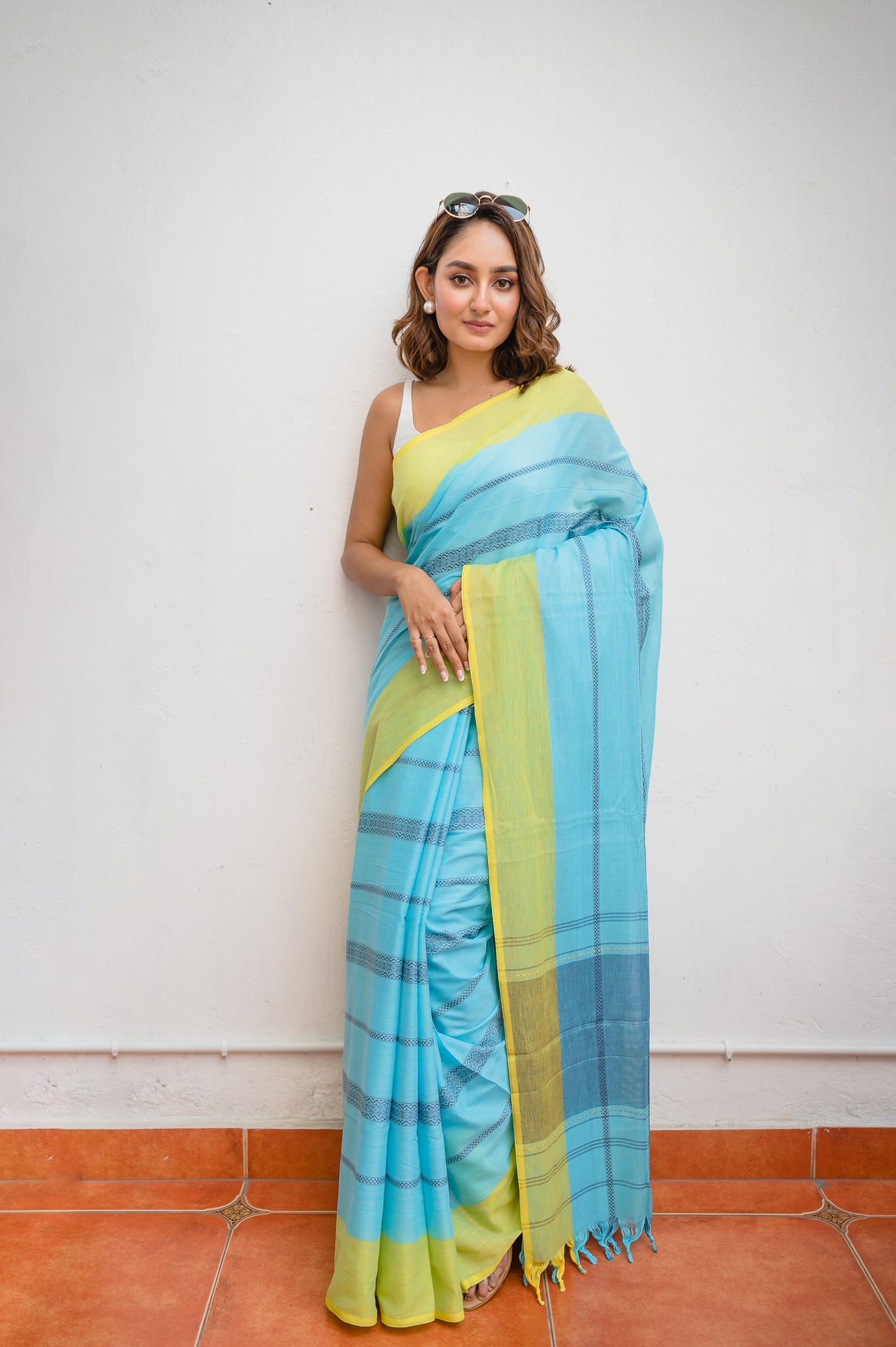 Sky Blue Green Pure Cotton Saree