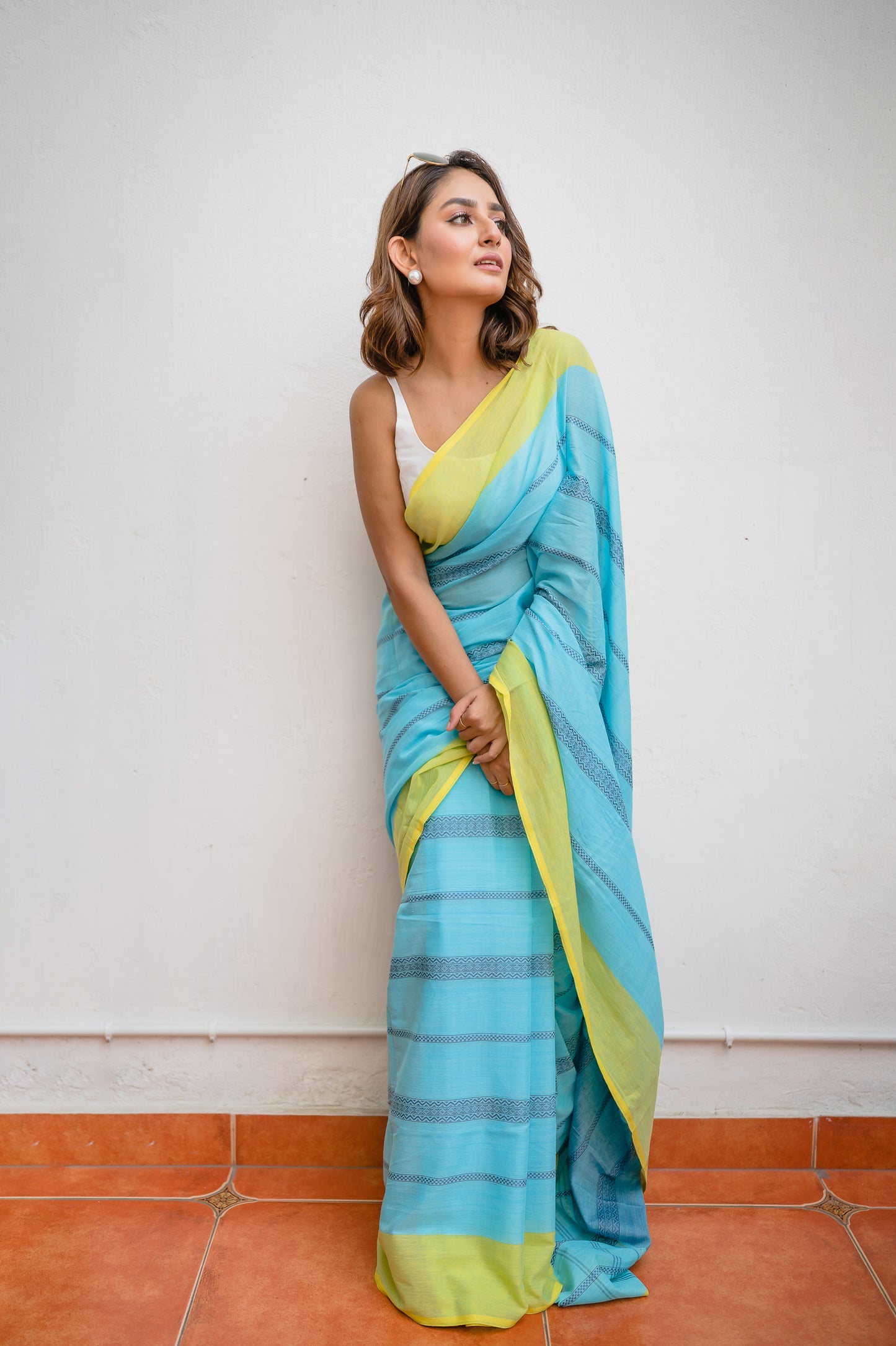 Sky Blue Green Pure Cotton Saree