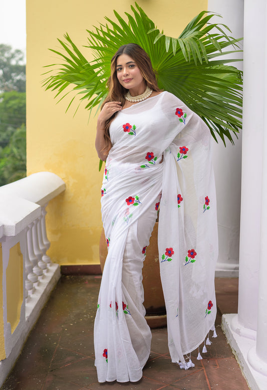 White Rose Embroidery Mulmul Cotton Saree