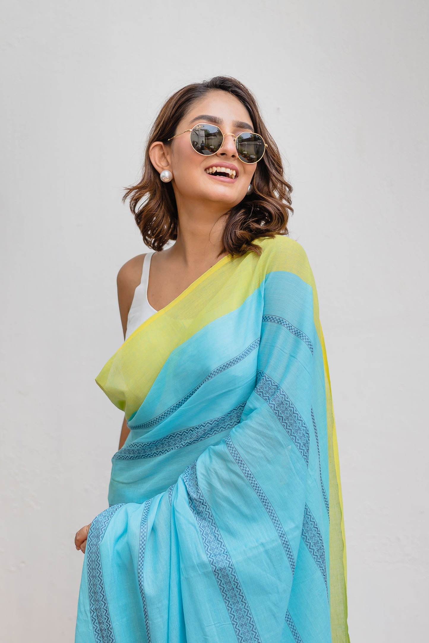 Sky Blue Green Pure Cotton Saree