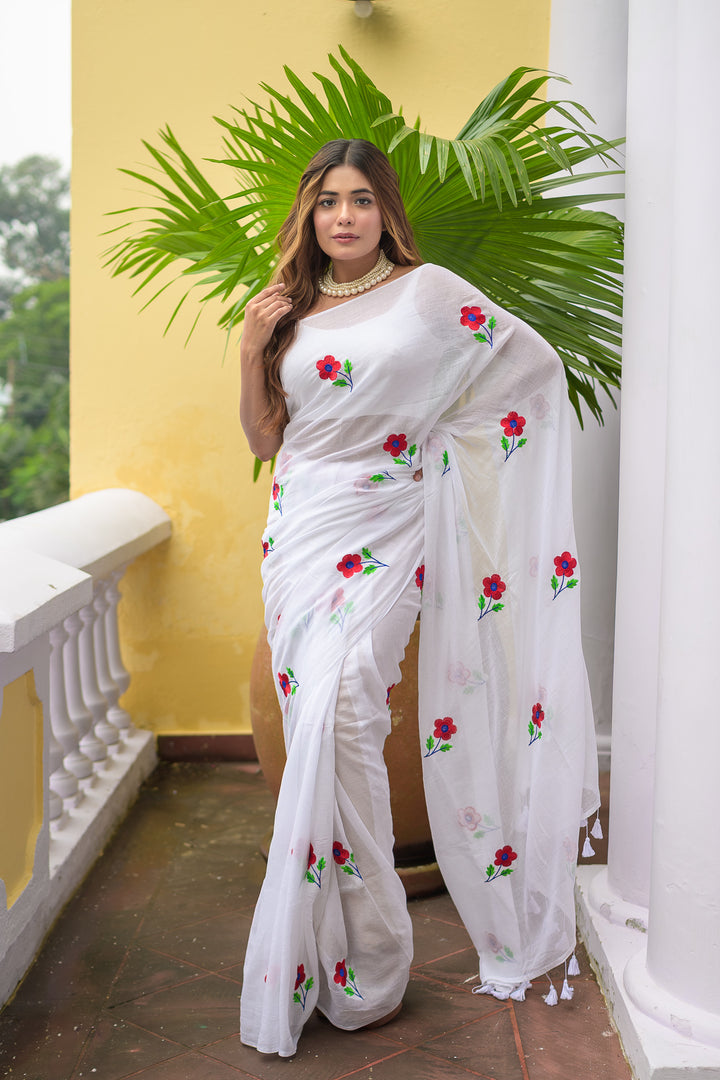 White Rose Embroidery Mulmul Cotton Saree