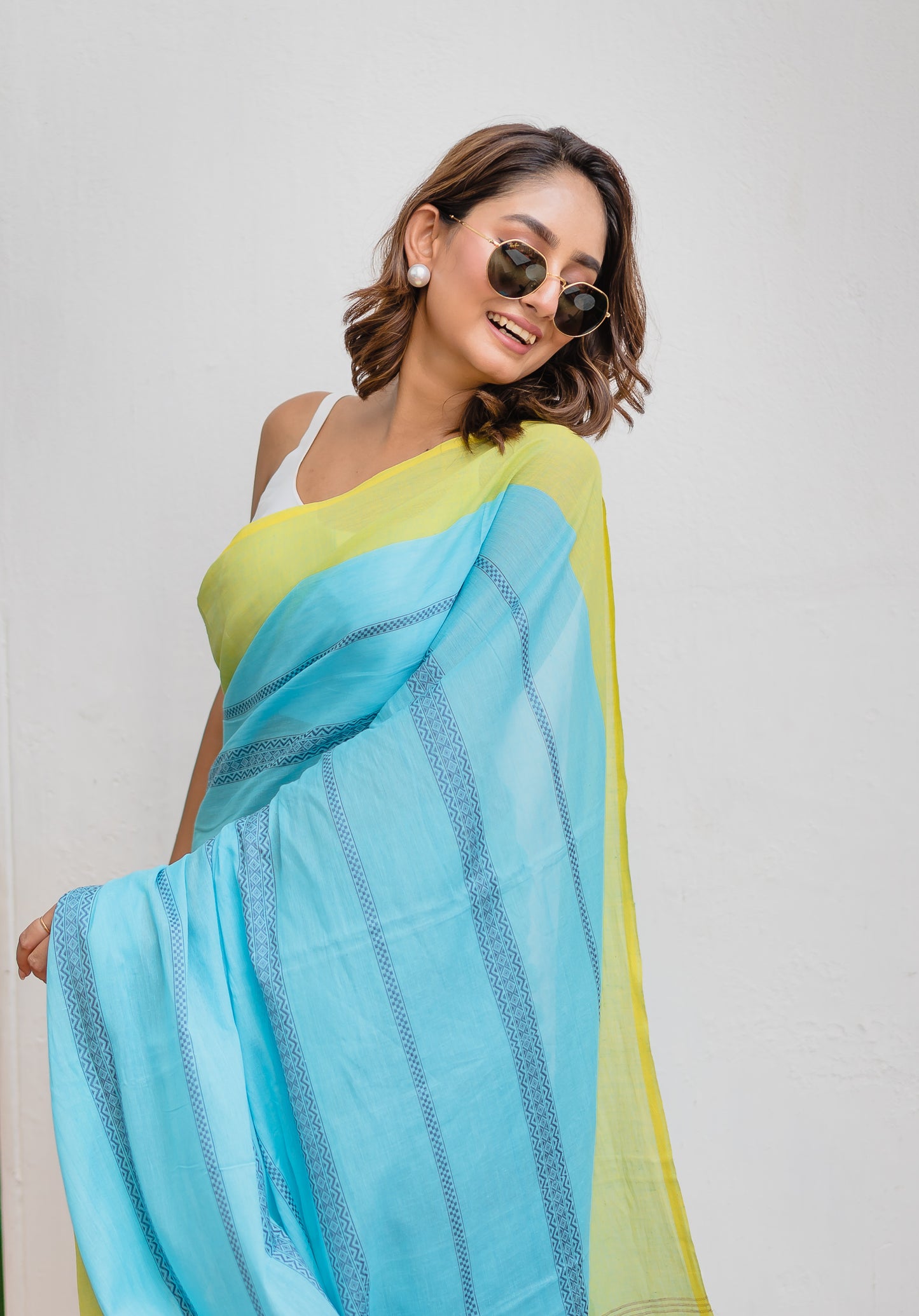 Sky Blue Green Pure Cotton Saree