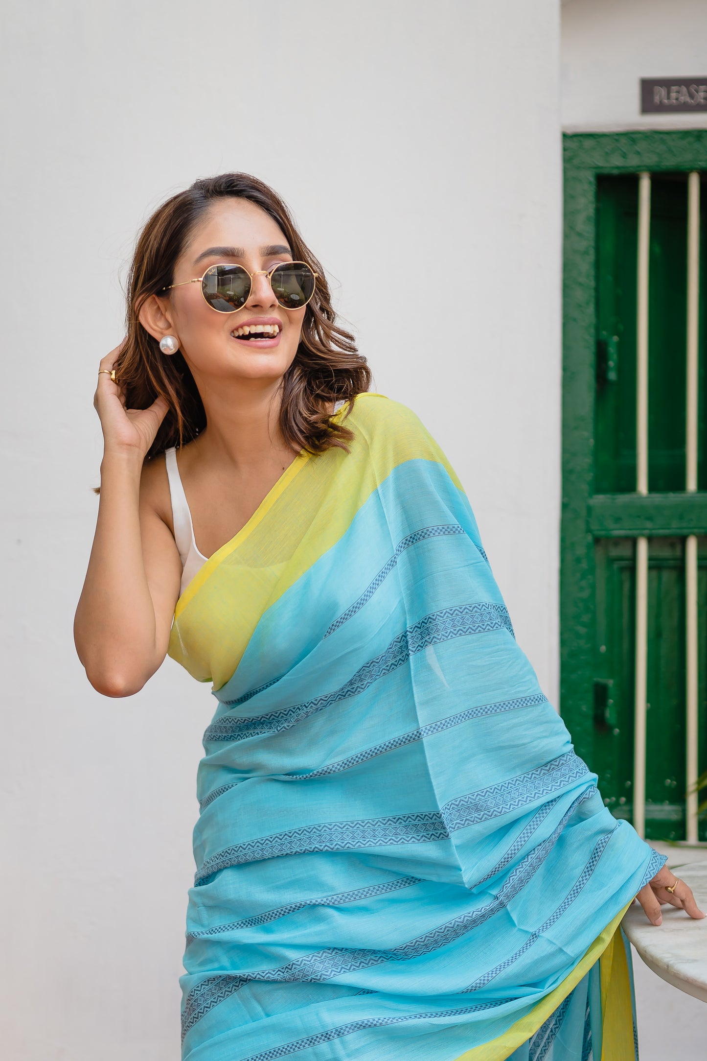 Sky Blue Green Pure Cotton Saree