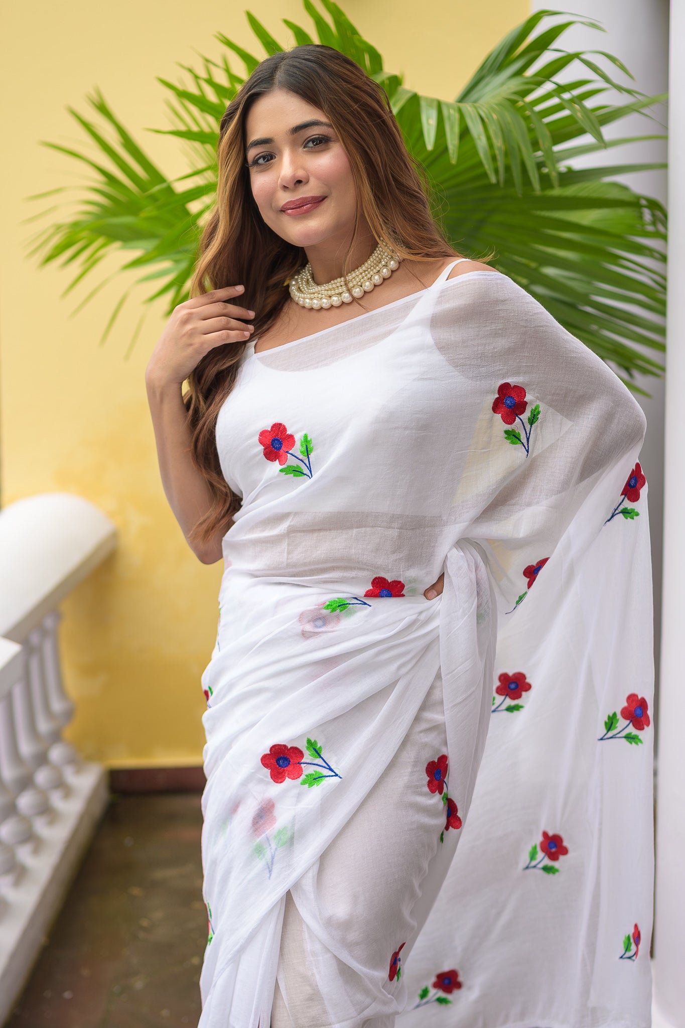 White Rose Embroidery Mulmul Cotton Saree