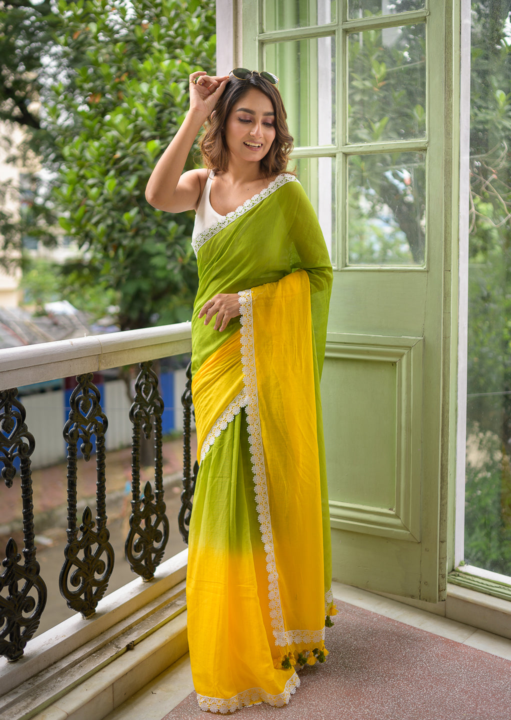 Green Tie dye Mulmul Cotton Saree