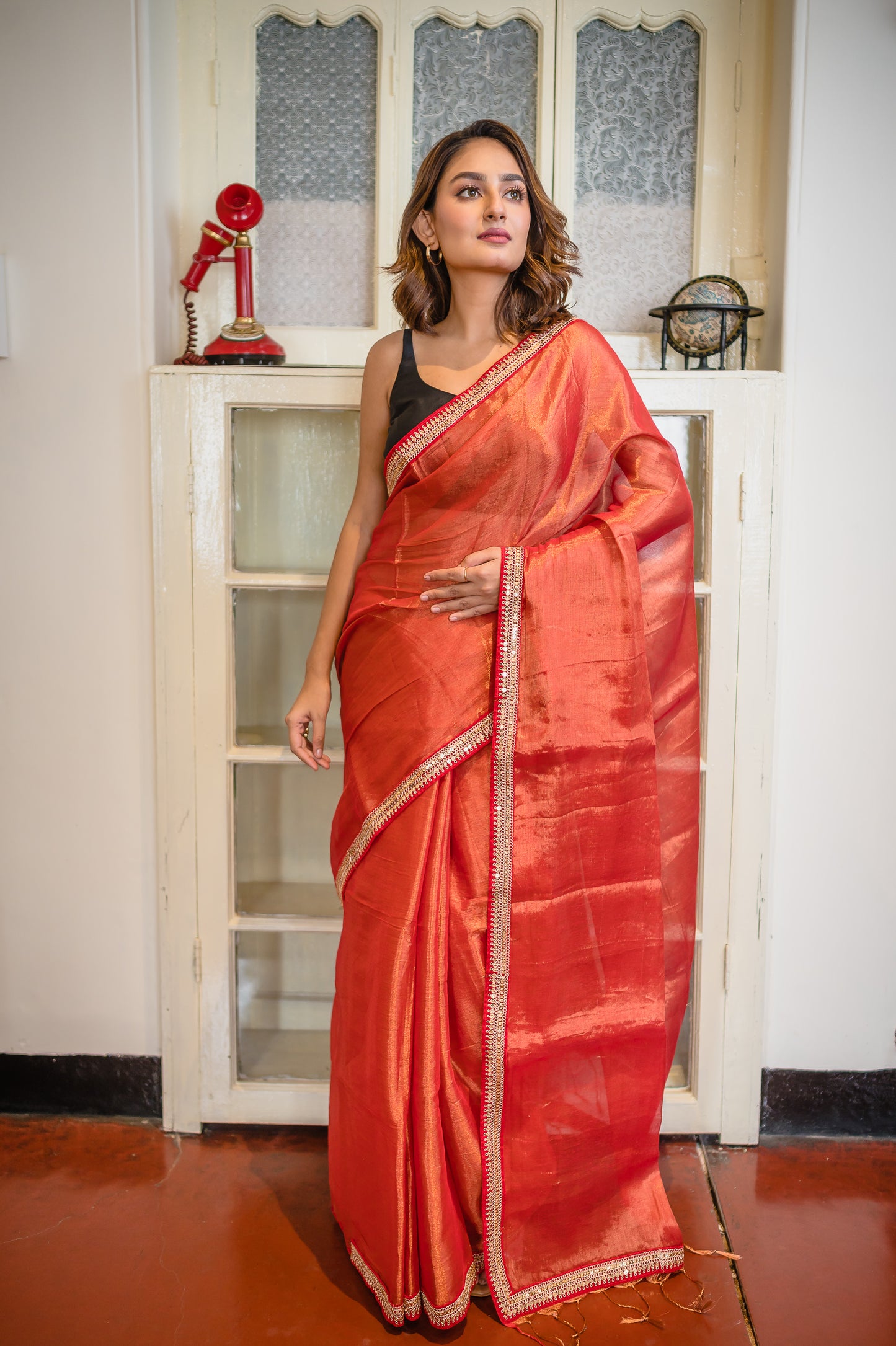 Red Zari Tissue Saree