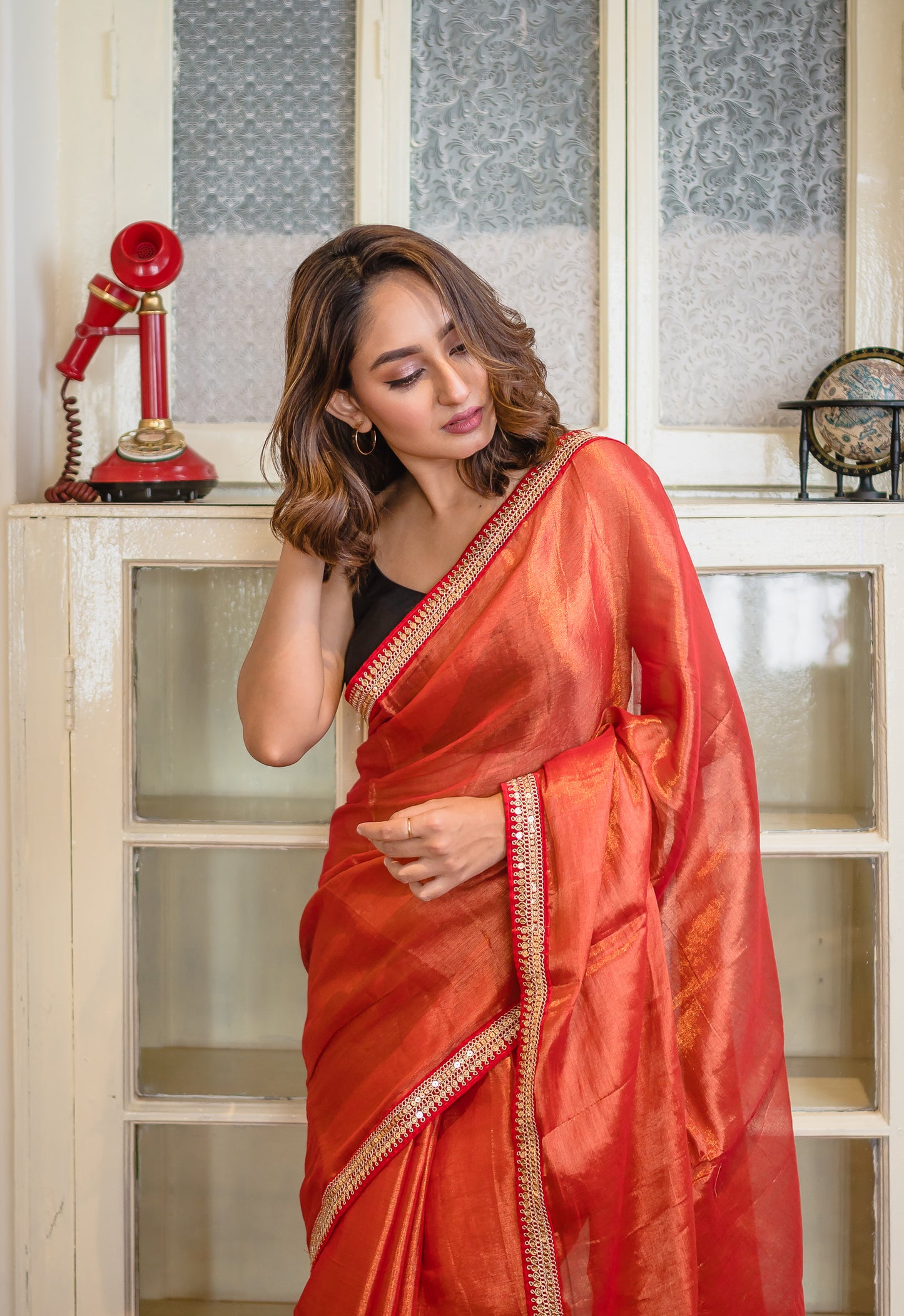 Red Zari Tissue Saree