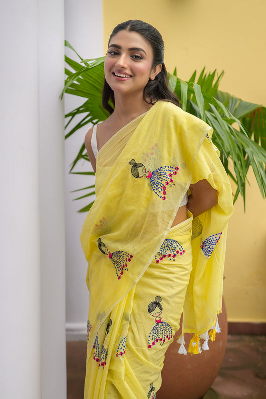Yellow Embroidery Mulmul Cotton Saree