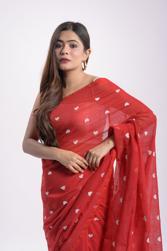 Red Love Mulmul Cotton Saree