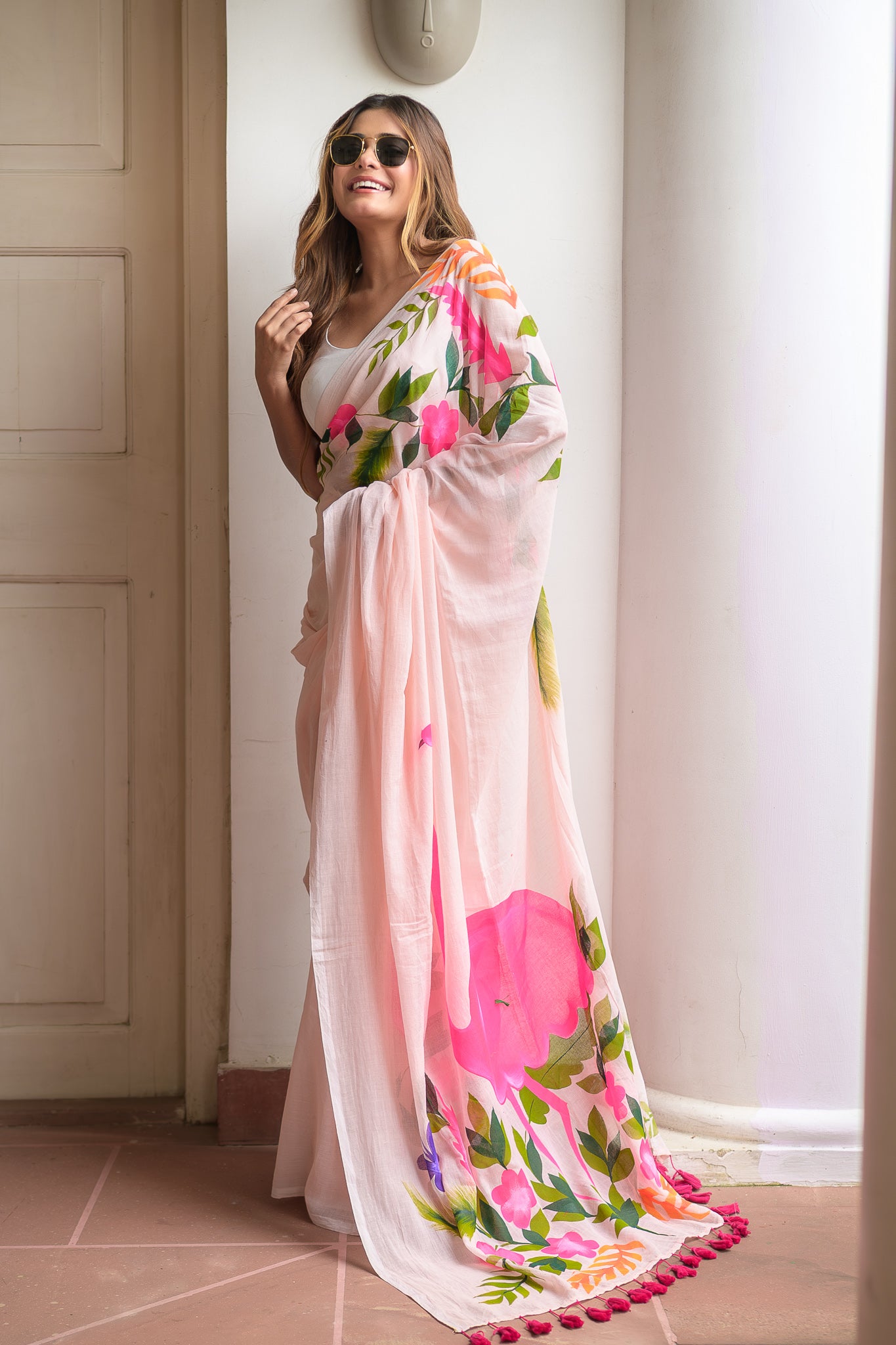 Hand Painted Flamingo Mulmul Cotton Saree