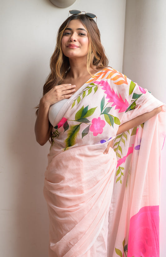 Hand Painted Flamingo Mulmul Cotton Saree