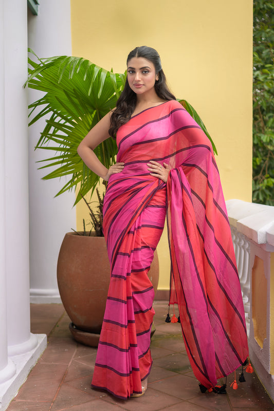 Pink Orange Mulmul Cotton Saree