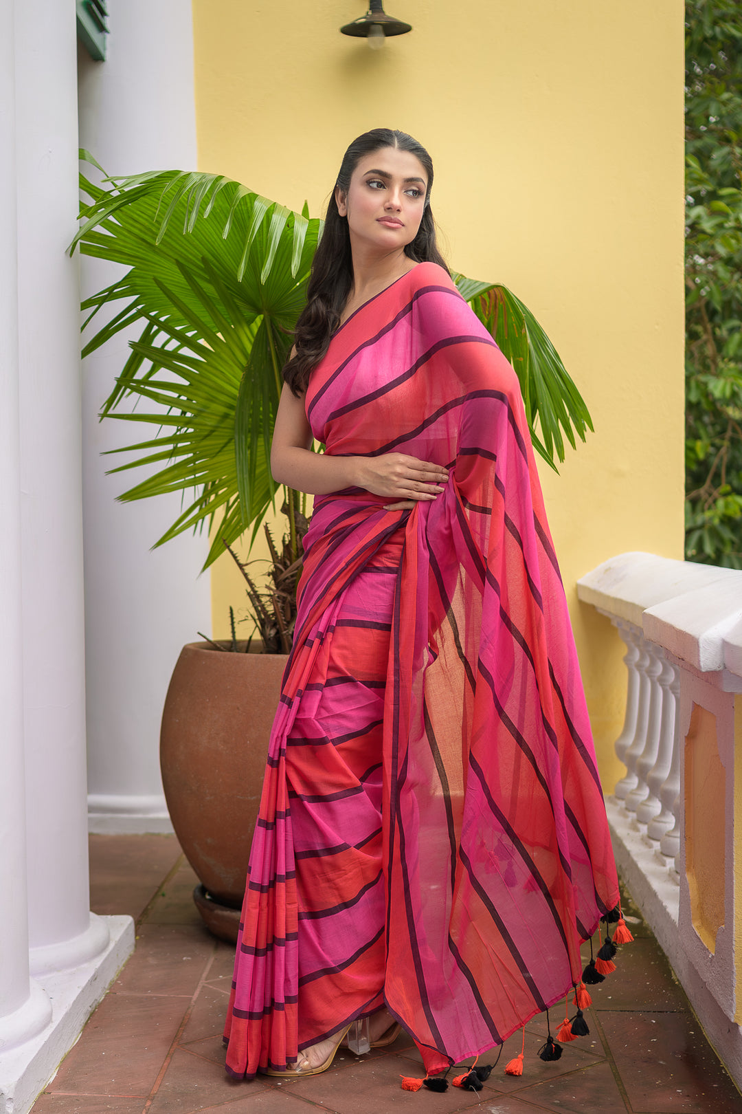 Pink Orange Mulmul Cotton Saree