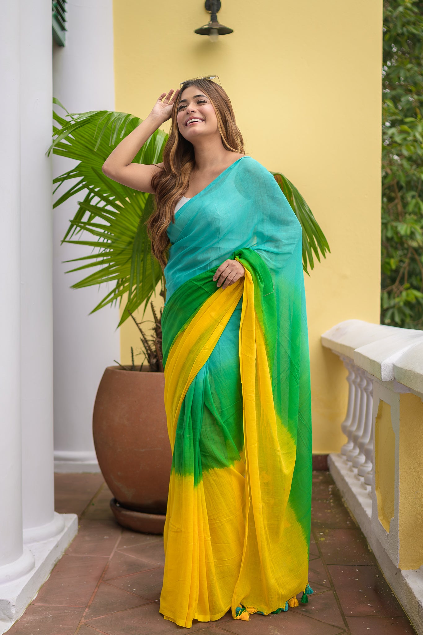 Green Yellow Tie Dye Mulmul Cotton Saree