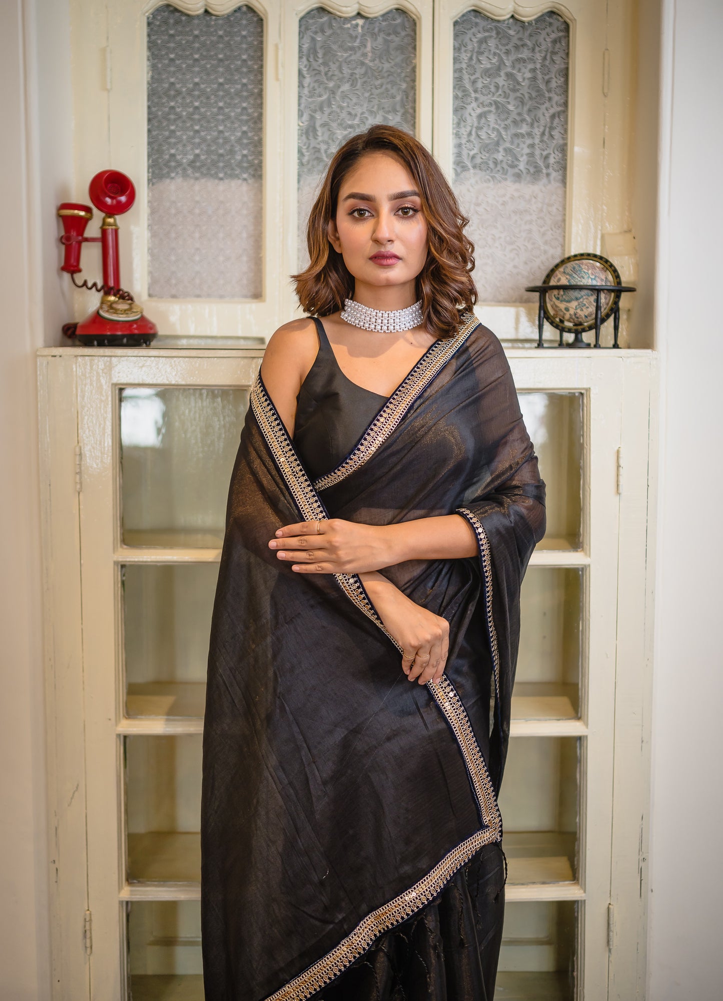 Black Zari Tissue Saree