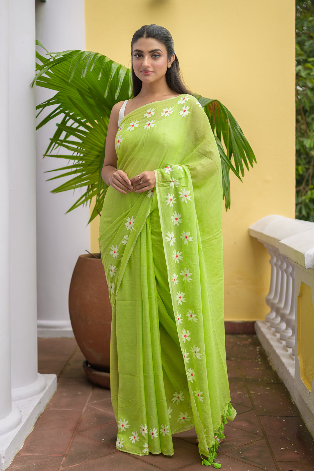 Hand Painted Green Mulmul Cotton Saree